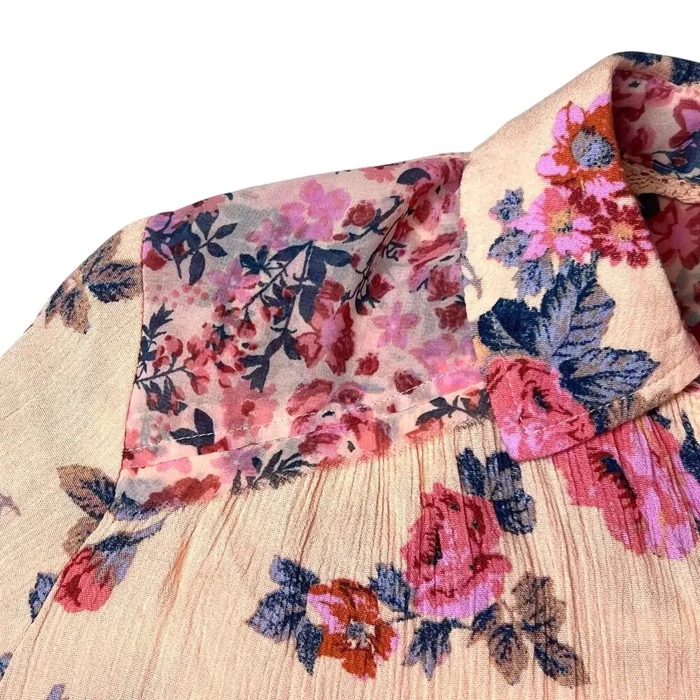 Free People Hold On To Me Floral Button Front Blouse Coral Cottage Boho Large